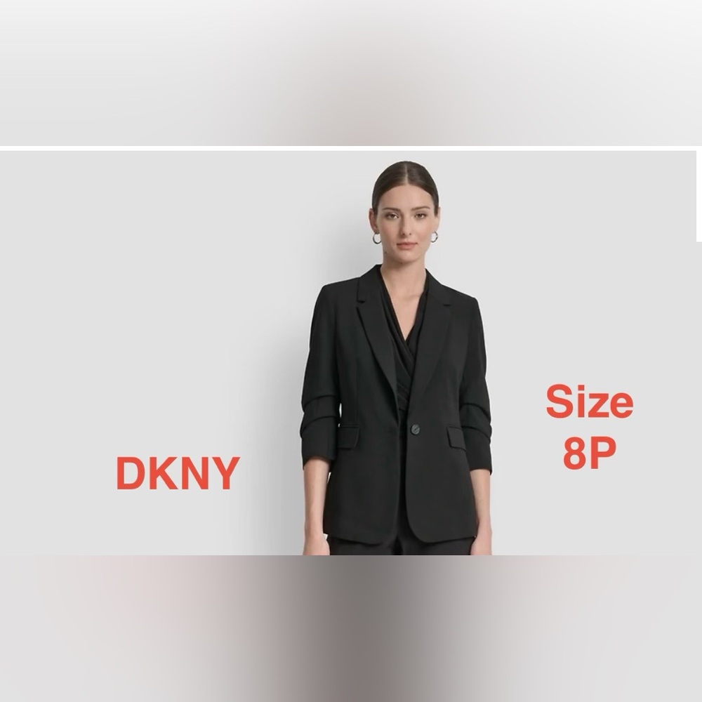 DKNY Women's Black Madison Ruched-Sleeve Suit Jacket Blazer Petite